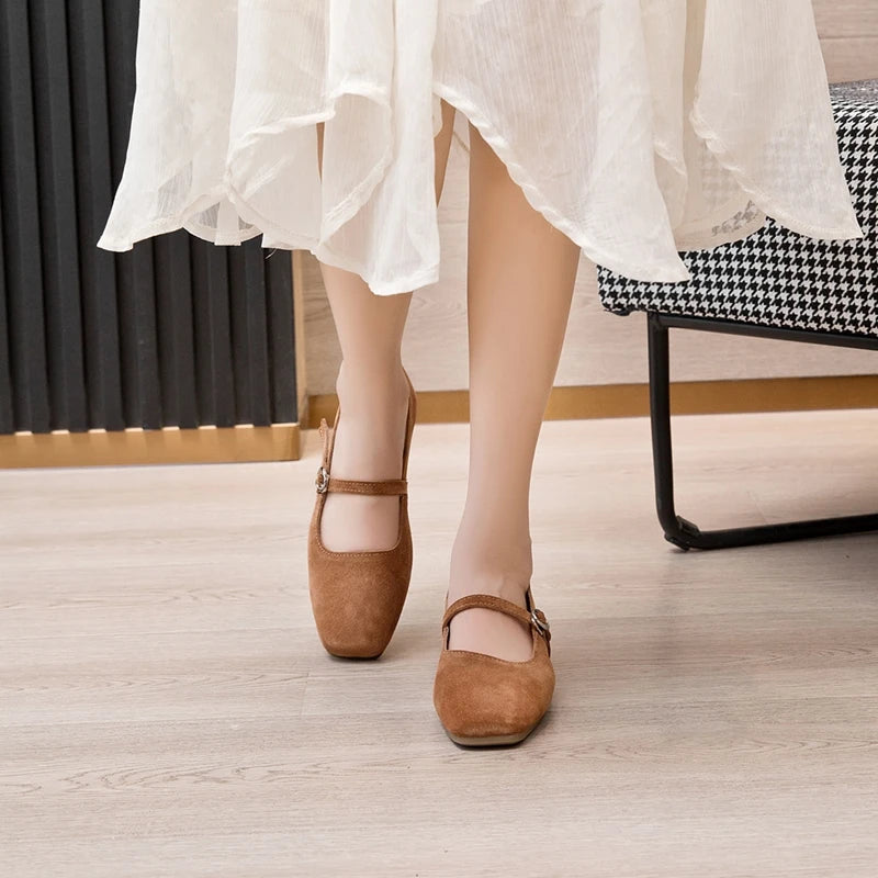 Women’s Genuine Leather Mary Jane Shoes – Square Toe Ballet Flats