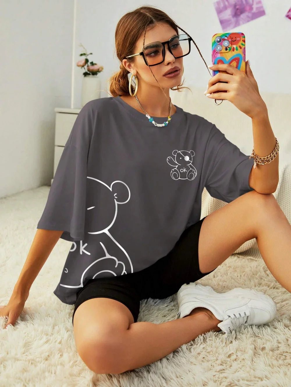 Kawaii OK Teddybär Baumwoll-T-Shirt | Süßes Grafik-T-Shirt für Damen