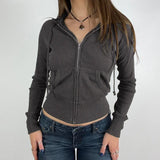 Grunge 2000er Ripp-Kapuzenpullover mit Reißverschluss | Y2K Vintage Kapuzen-Sweatshirt für Damen