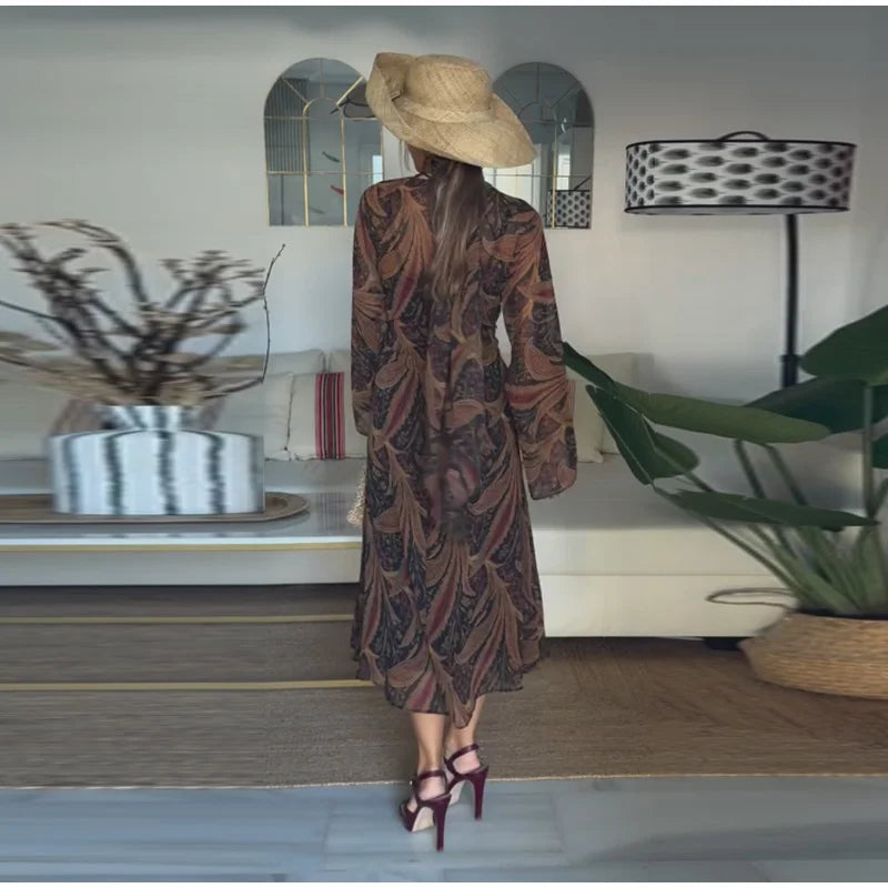 Damen lässiges Maxikleid mit Blumenprint und Schluppenkragen – Elegantes Langarmkleid