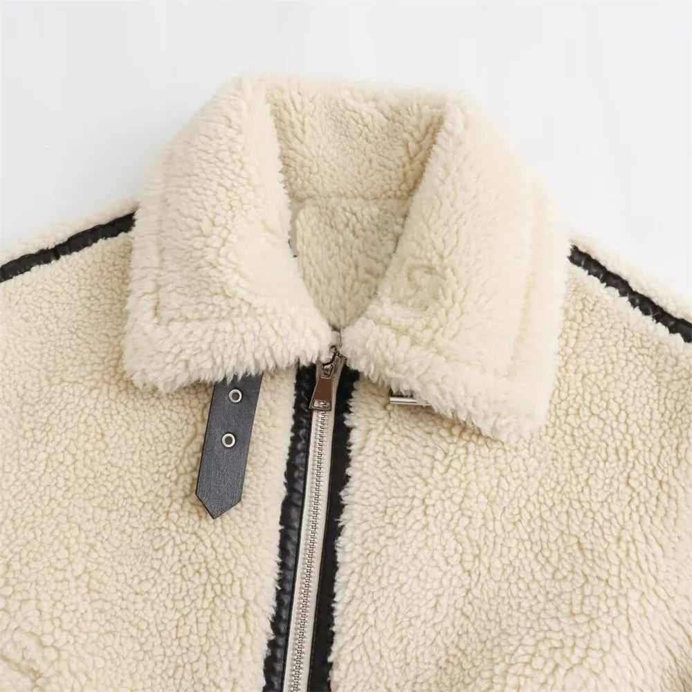The Aspen Aviator: Beige Integrated Artificial Fur Moto Jacket – European Luxury Faux Fur Biker Coat