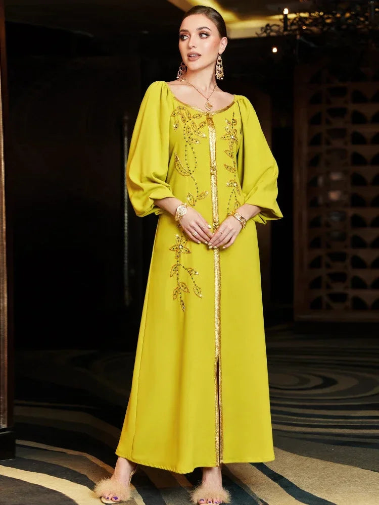 Muslim Dress Caftan with Embroidery – Lantern Sleeve Bandage Dress
