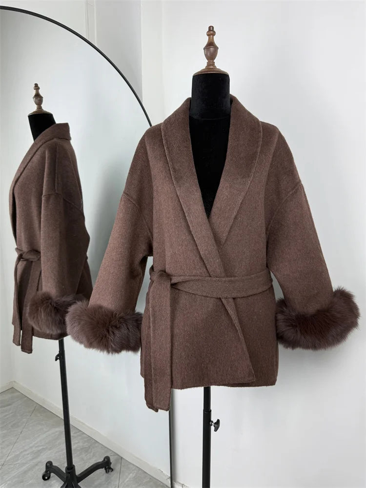 Luxuriöser Fuchsfell-Woll-Wintermantel für Damen – Eleganter doppelseitiger Wollmantel für Frauen,