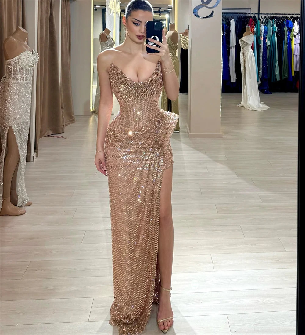 Champagne Strapless Mermaid Prom Dress | Side High Slit Evening Gown