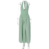 Women’s Sexy Backless Deep V-Neck Maxi Dress – Spliced Halter Sleeveless Dress