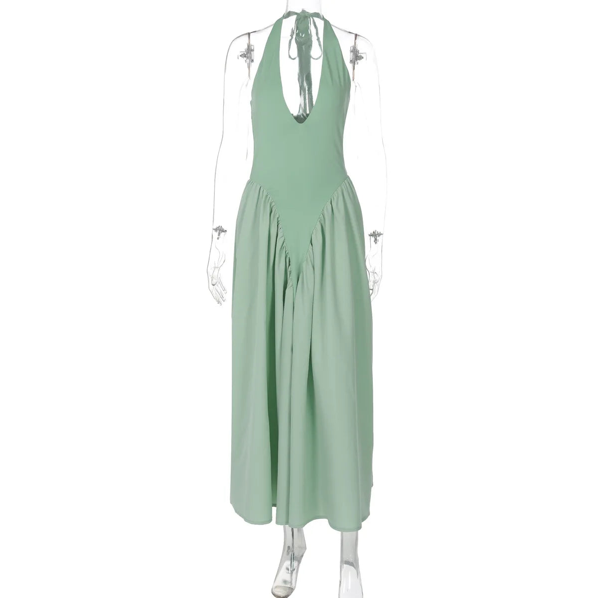 Women’s Sexy Backless Deep V-Neck Maxi Dress – Spliced Halter Sleeveless Dress