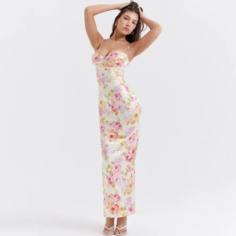 Women's Elegant Floral Print Spaghetti Strap Maxi Dress