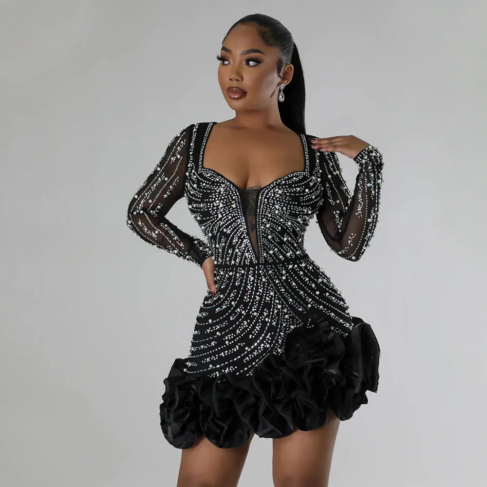Sexy Langarm Rüschen Minikleid – Glitzerndes Hot-Drilling- & Perlenbesetztes Geburtstagskleid
