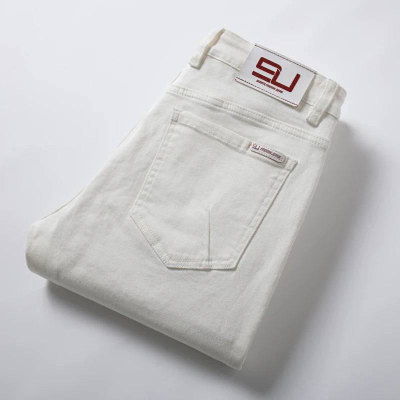 Herren Klassische Weiße Straight Jeans | Modische Lässige Soft Stretch Denim
