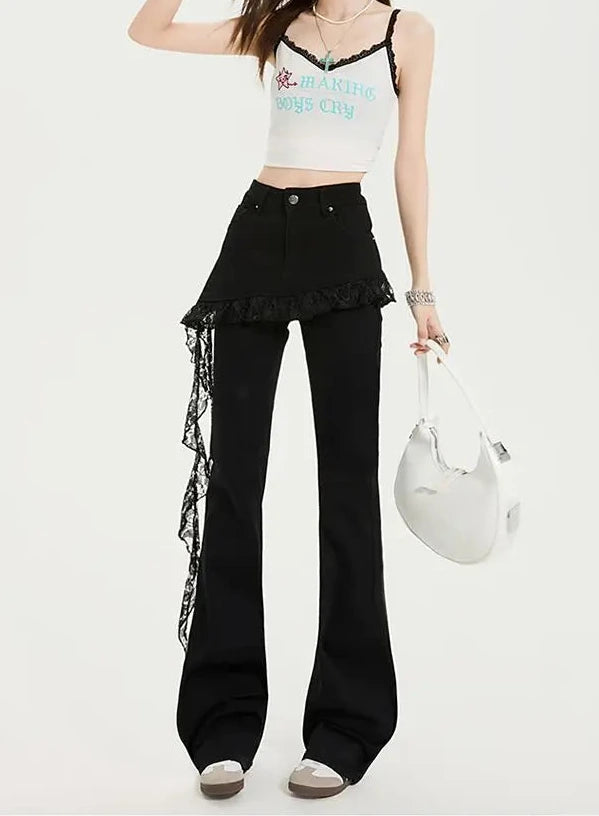 Damen Jeans mit Spitzenbesatz im Fake Two-Piece Design | Jeansrock in Mikro-Schlaghose-Optik