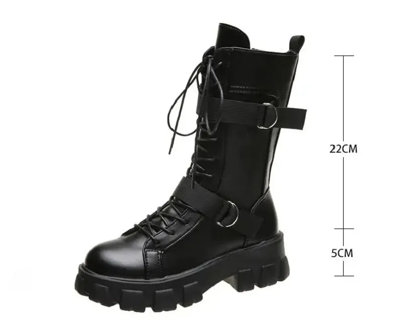 Damen Wadenhohe Motorradstiefel – Punk Gothic Schwarze High Heel Stiefel