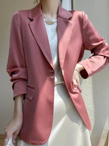 Korean Fashion V-Neck Loose Top Blazer: Single Button Silk Satin Suit Jacket