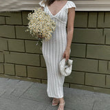 Women’s Ruffle Knit Long Dress – Sexy V-Neck Backless Evening Dress