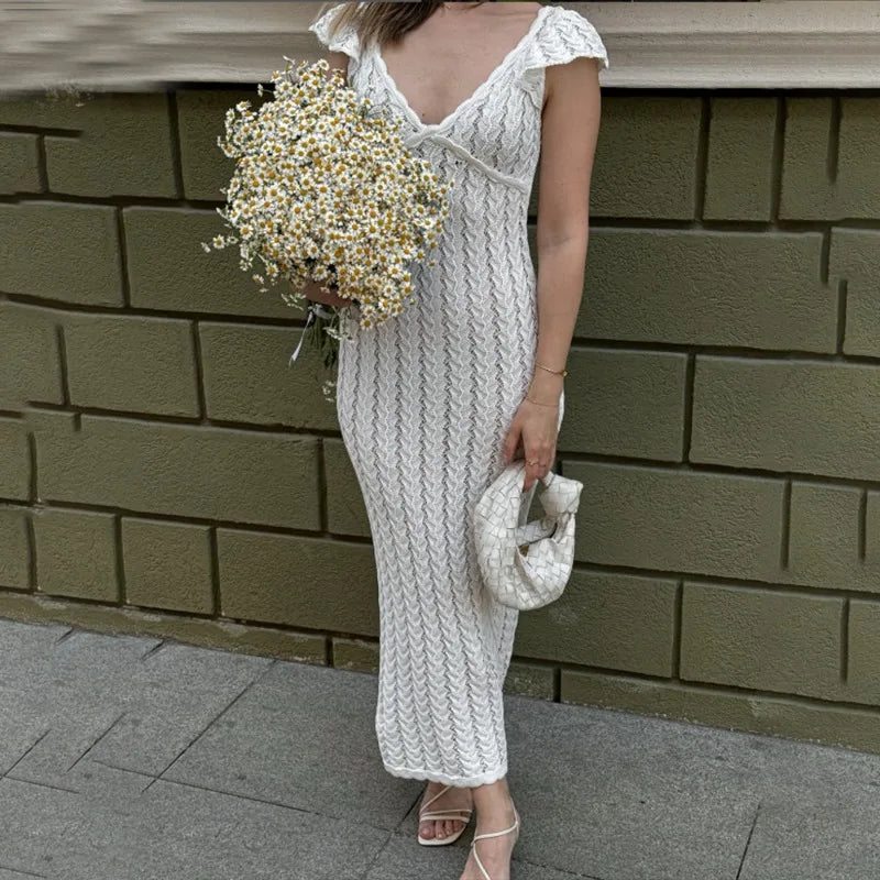 Women’s Ruffle Knit Long Dress – Sexy V-Neck Backless Evening Dress