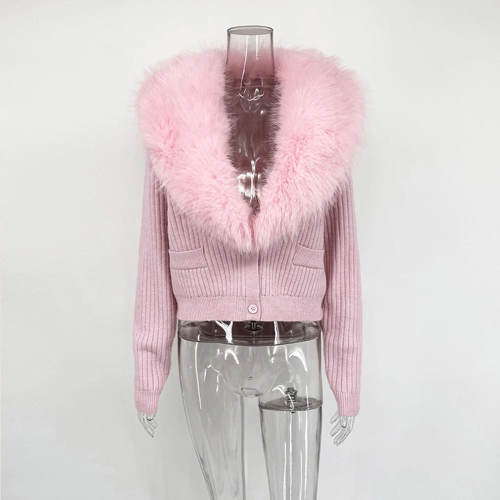 Eleganter Kunstpelzmantel für Damen – Warme, gepolsterte, schmal geschnittene Strickjacke, langärmelige Winterjacke mit Kragen