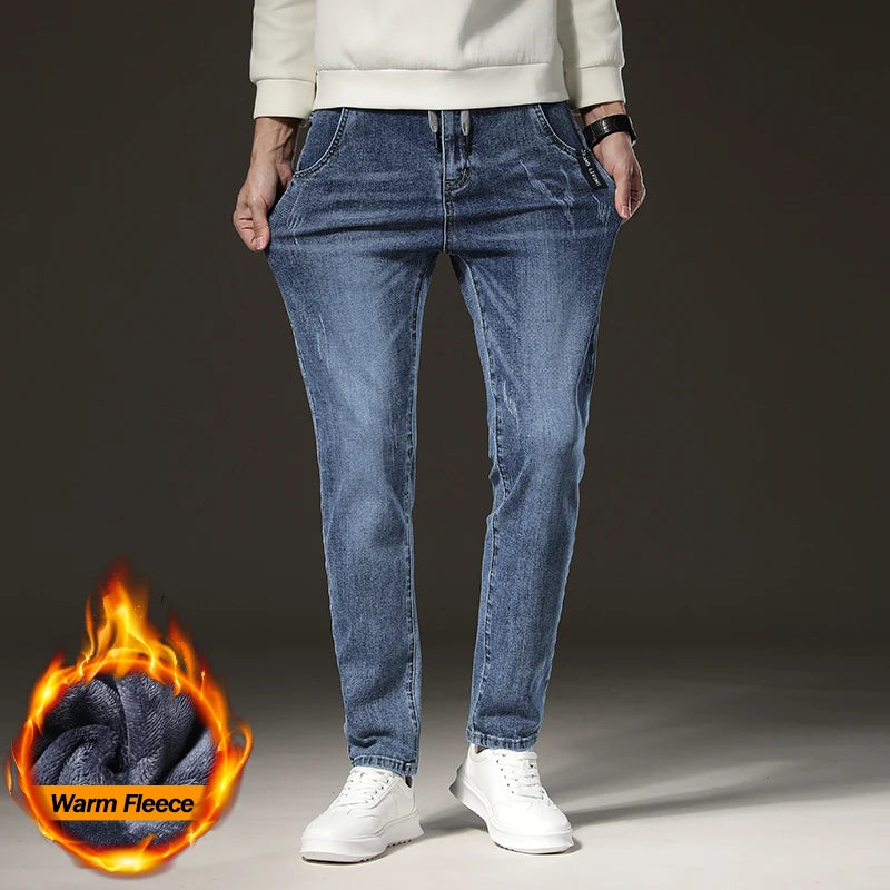 Warm Winter Fleece-Lined Jeans | Men's Slim Straight Light Blue Denim