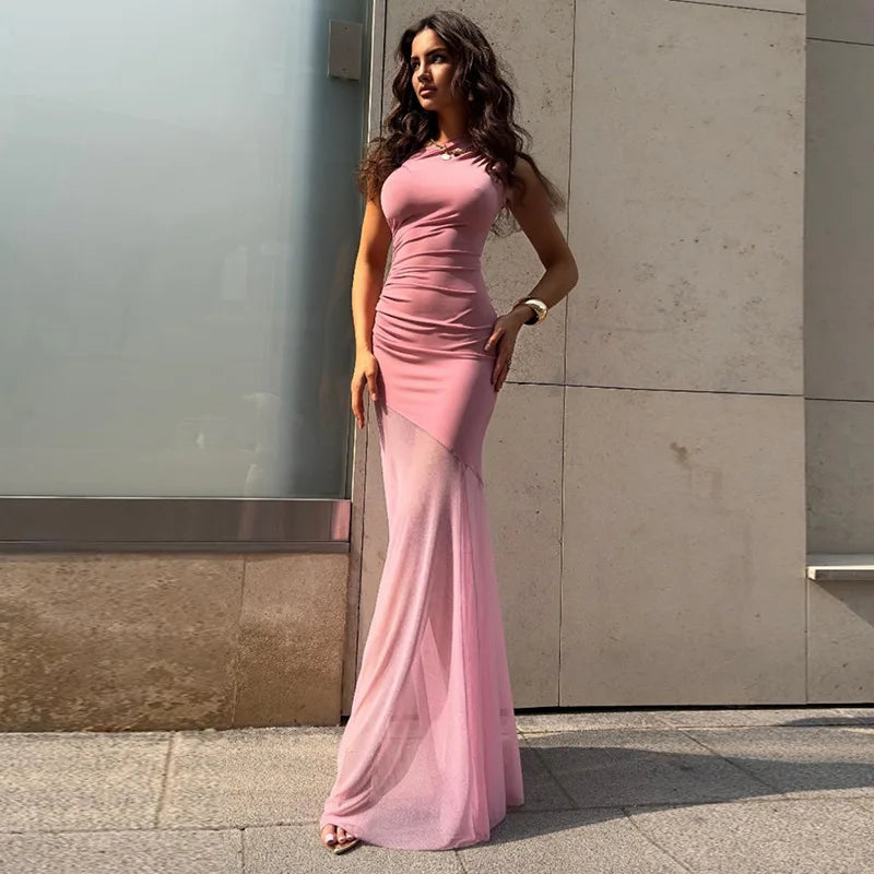 Women’s Off-Shoulder See-Through Long Dress – Sexy Backless High Waist Patchwork Dress