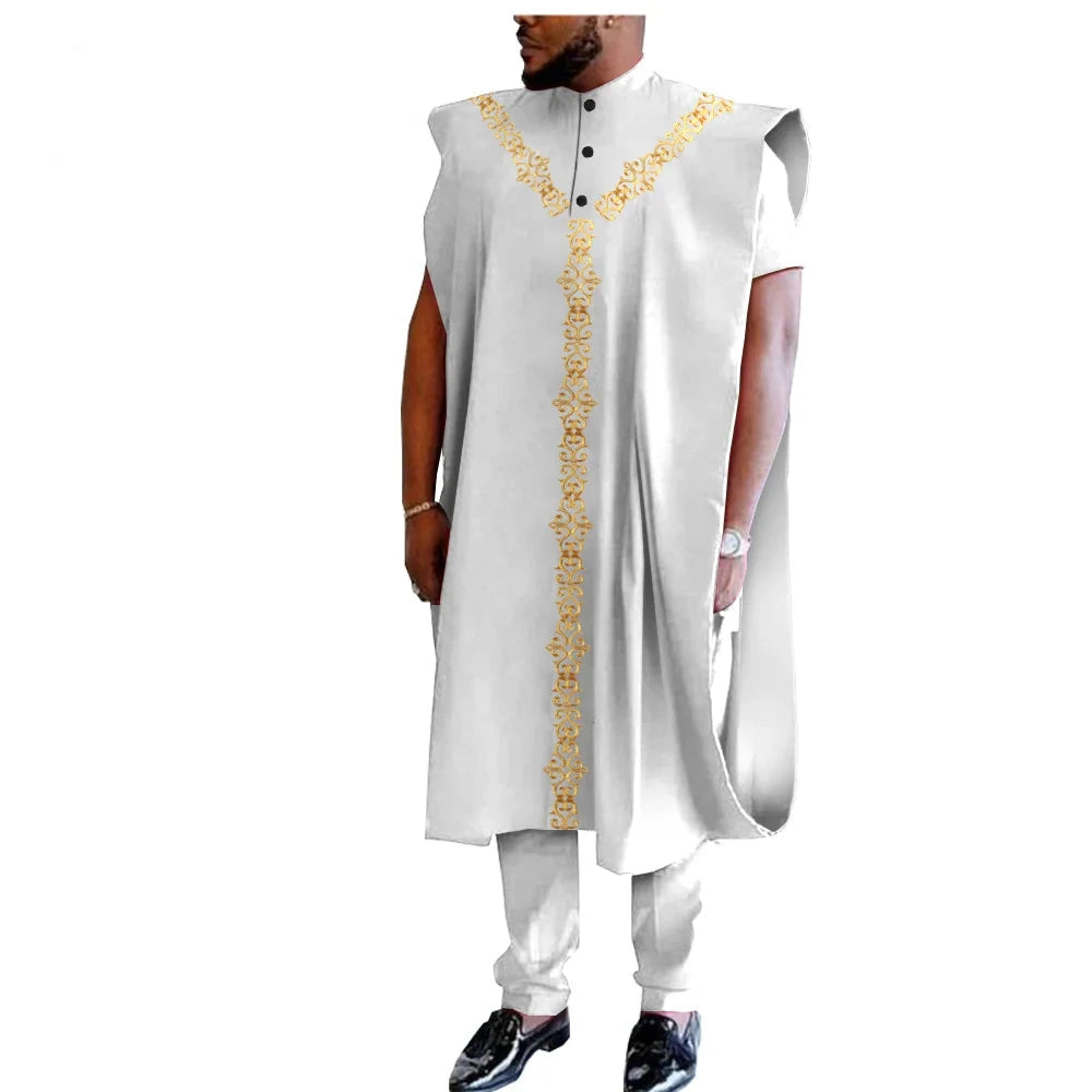 Afrikanisches 3-teiliges Set für Herren: Dashiki-Mantel, Kurzarmhemd und Ankara-Hose