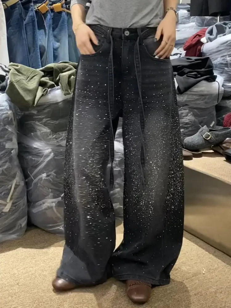 Damen Glitzer-Strass-Jeans | Weites Bein, Bodenlang, Loose Fit