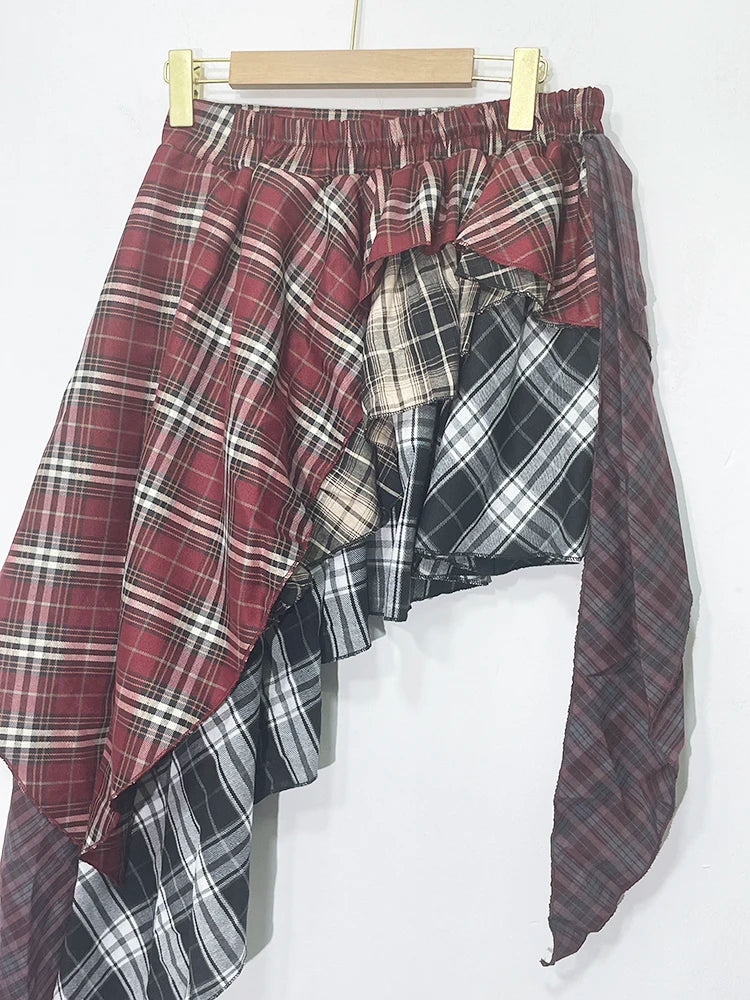 Damen Rot Karierter Patchwork A-Linien Rock mit Hoher Taille und Unregelmäßigem Saum