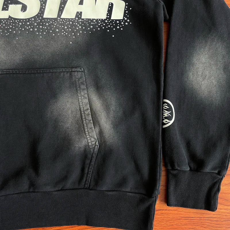 Hellstar HS Wash Water Heavy Diamond Hoodie – Unisex Black Distressed Streetwear