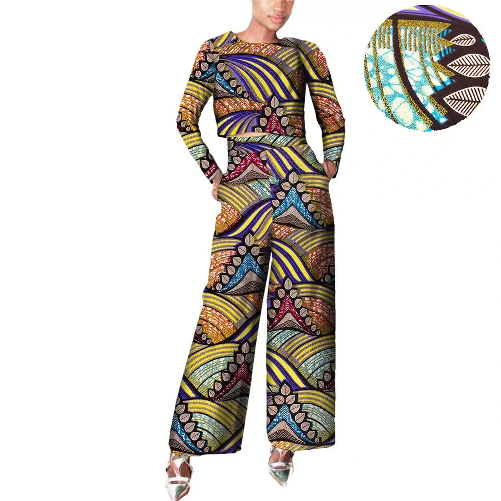 Damen Set aus gewachstem Baumwoll-Crop-Top mit langen Ärmeln und Hose mit weitem Bein
