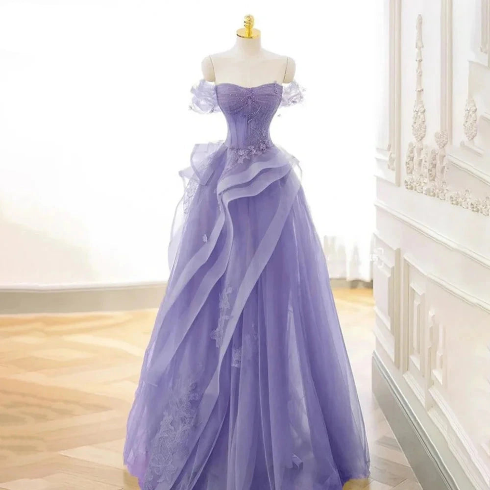 Herzausschnitt Tüll Abschlussballkleid | Mehrstufiges plissiertes Applikations-Celebrity-Kleid