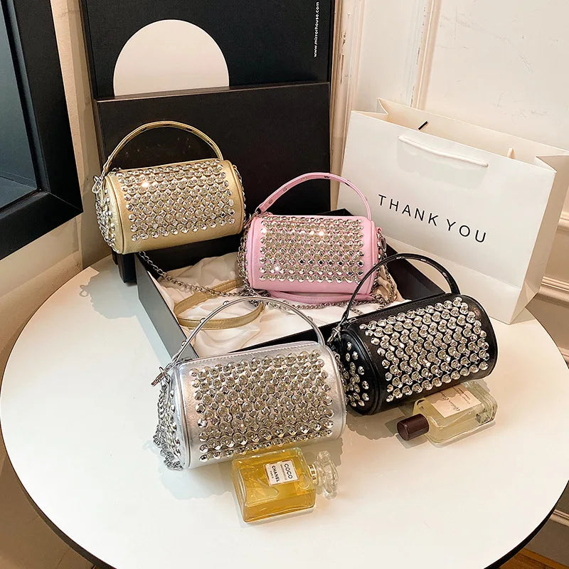 Luxuriöse Zylinder-Strass-Schultertasche | Handgefertigte Kristall-Kissen-Umhängetasche