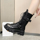 Damen Wadenhohe Motorradstiefel – Punk Gothic Schwarze High Heel Stiefel