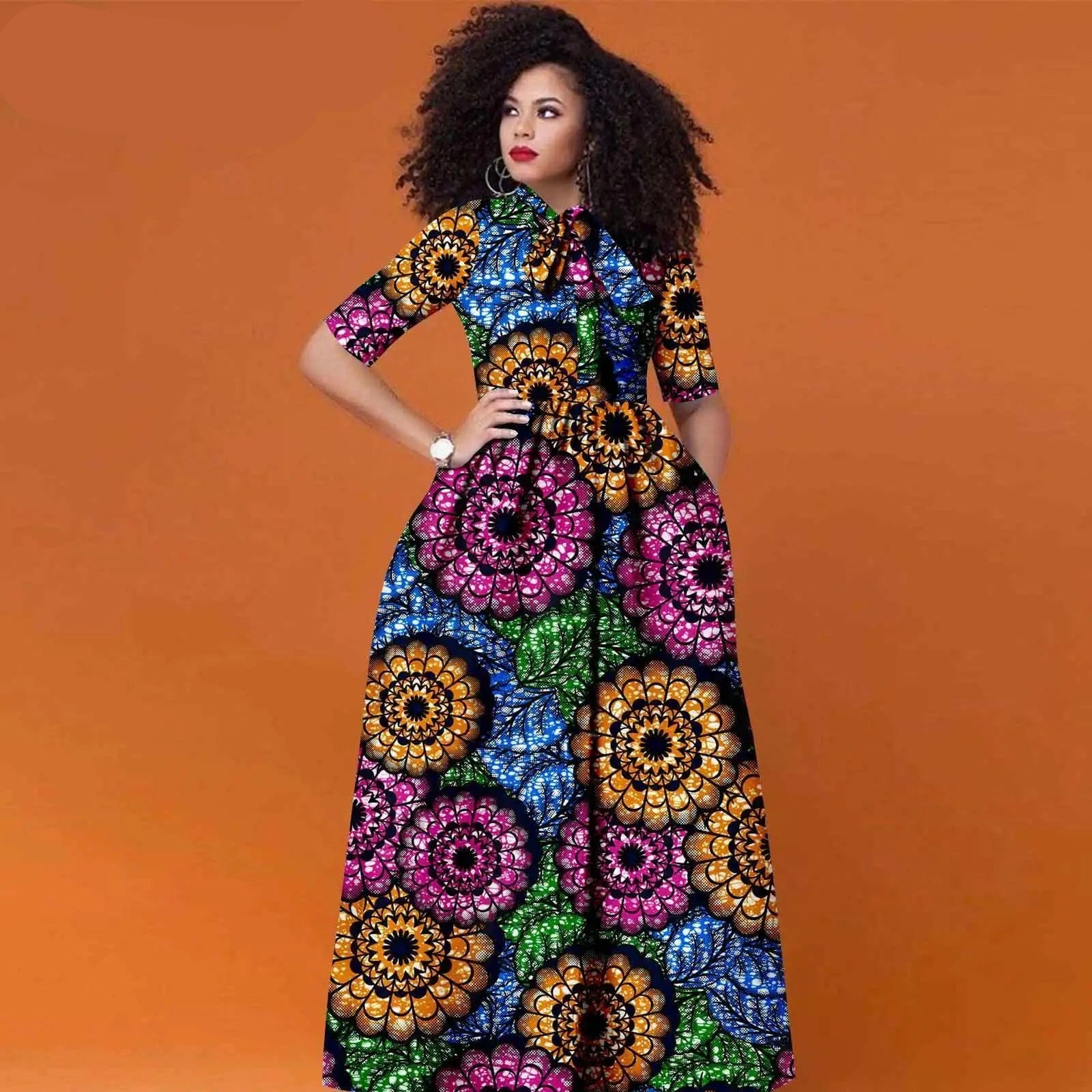 Afrikanisches Ankara Maxikleid für Damen | Halbarm High Waist Kleid mit traditionellem Print