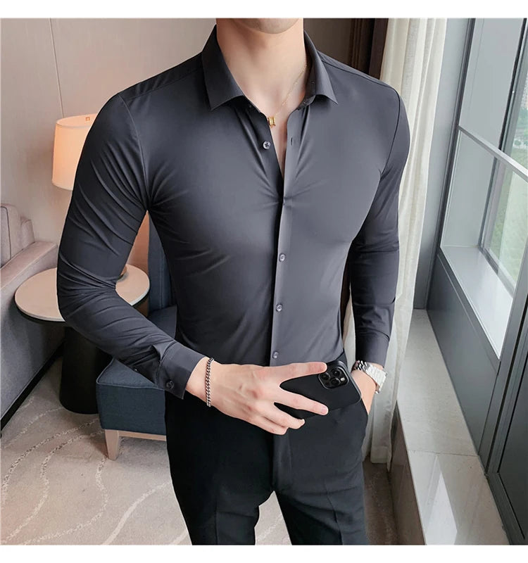 Men’s High Elasticity Seamless Shirt – Top Quality Long Sleeve Slim Fit Casual Shirt