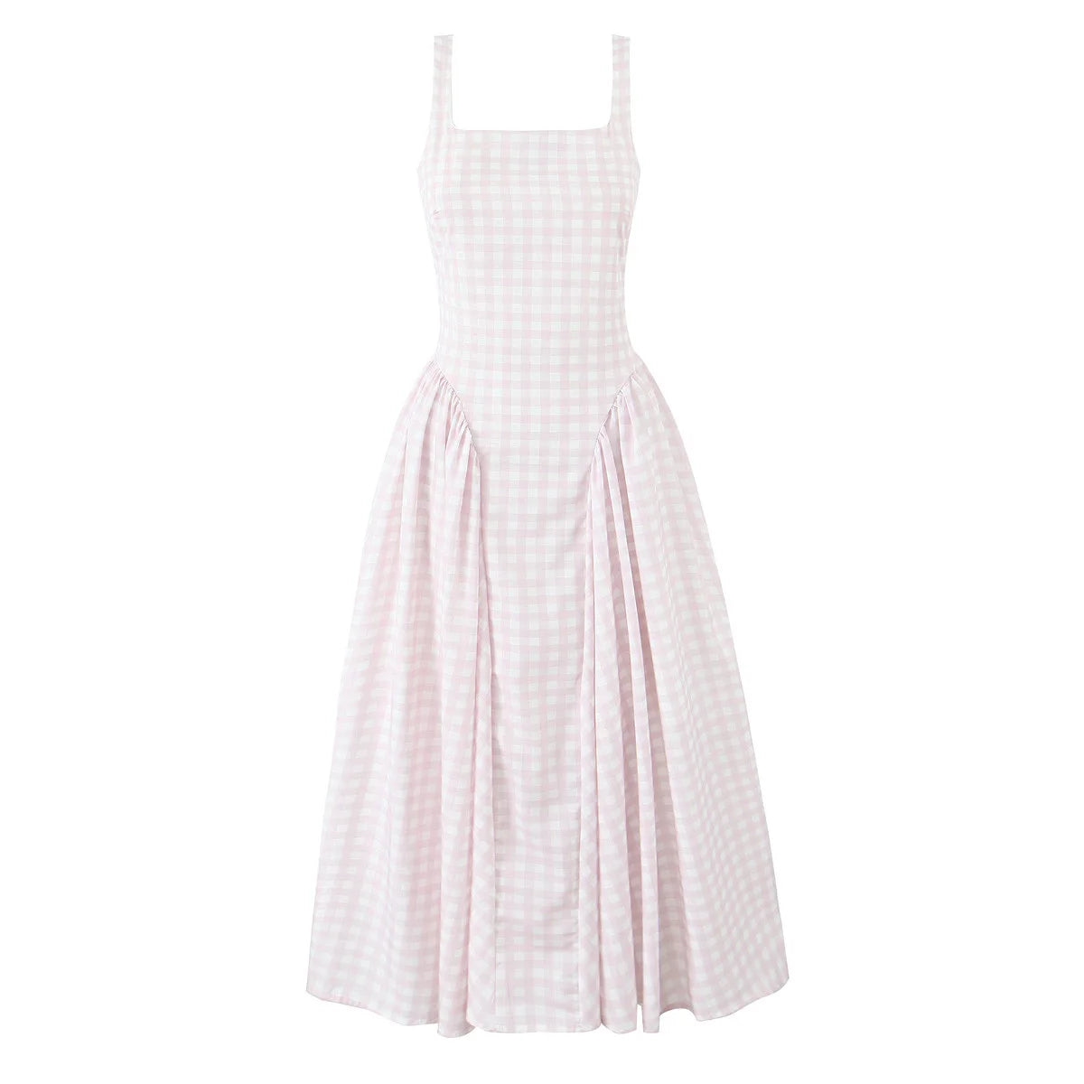 Lace-Up Bandage Plaid Sling Dress – Women’s Elegant Square Neck Low Waist A-Line Midi