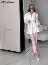 Elegant Flower Printed Coat Women's Lapel Single Button Long Sleeve Lace Up Blazer