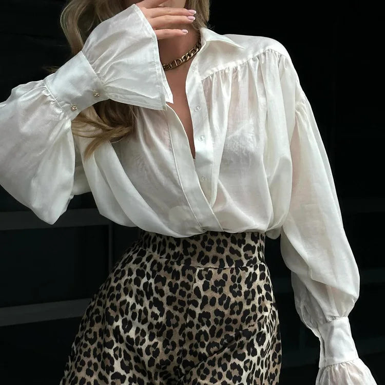 Casual Loose See-Through Shirt – Women’s Autumn Lapel Long Sleeve Blouse