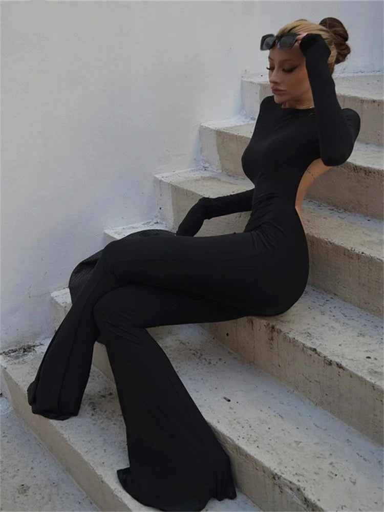 Sexy rückenfreier Overall mit weitem Bein – Einfarbiger Langarm O-Ausschnitt Bodycon Playsuit