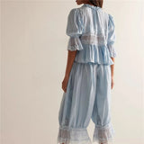 Women’s Y2K Lace Trim 2-Piece Pajama Set – Bow Tie-Front Short Sleeve Shirt & Ruffle Flared Lantern Pants