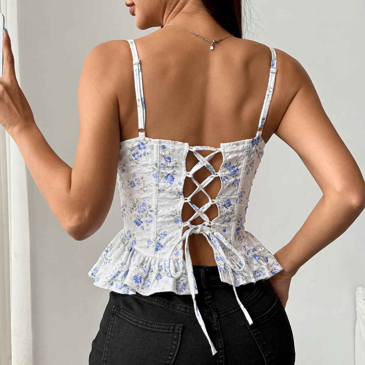 Women’s Floral Corset Crop Top | Lace-Up Sexy Halter Tank Top