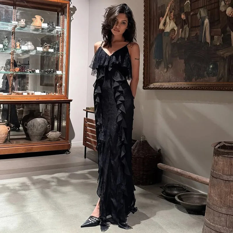 Damen Rüschen Trägerkleid – Sexy Maxi-Kleid mit Seitenschlitz