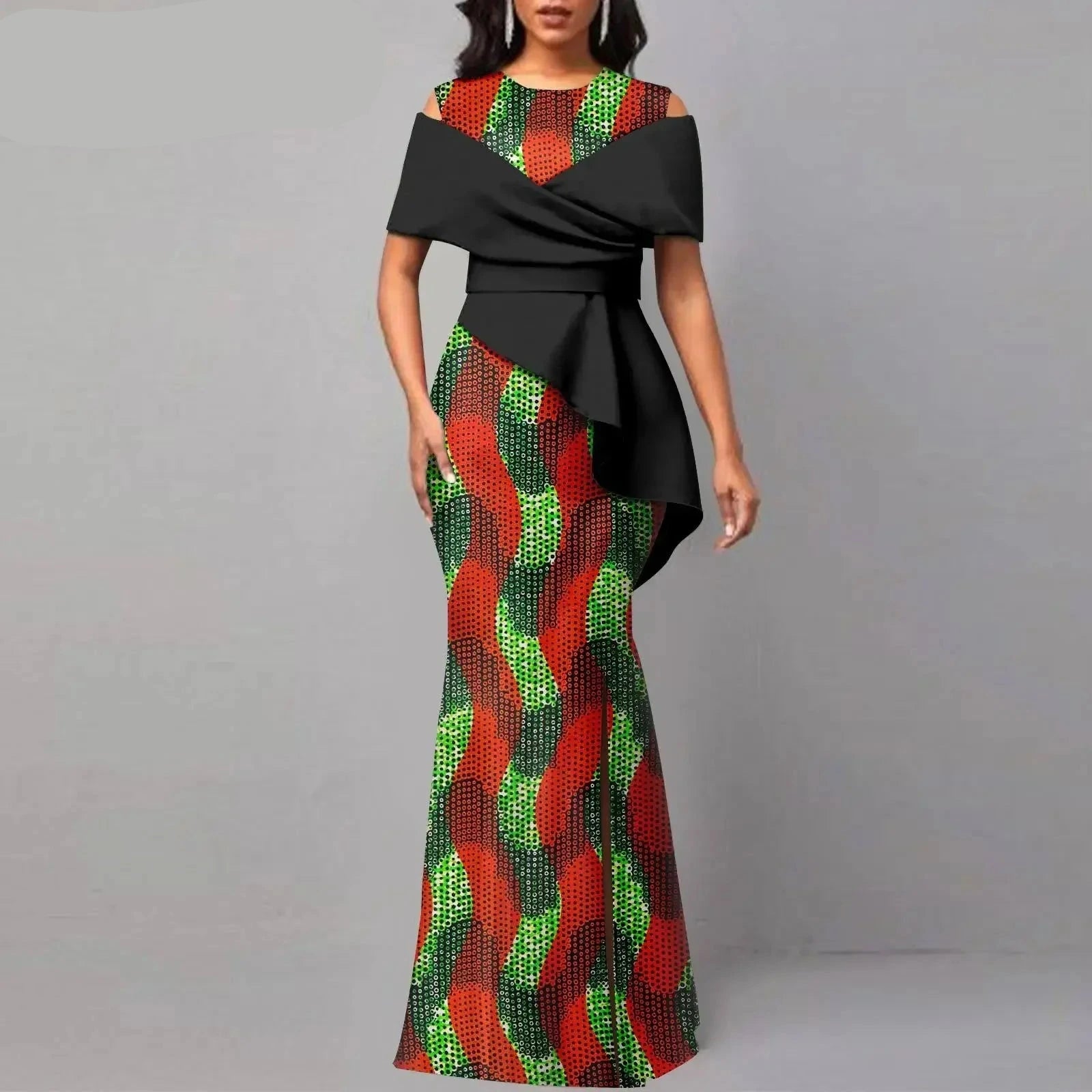 Afrikanisches hochtailliertes Ankara-Partykleid schulterfreies Maxikleid für Damen