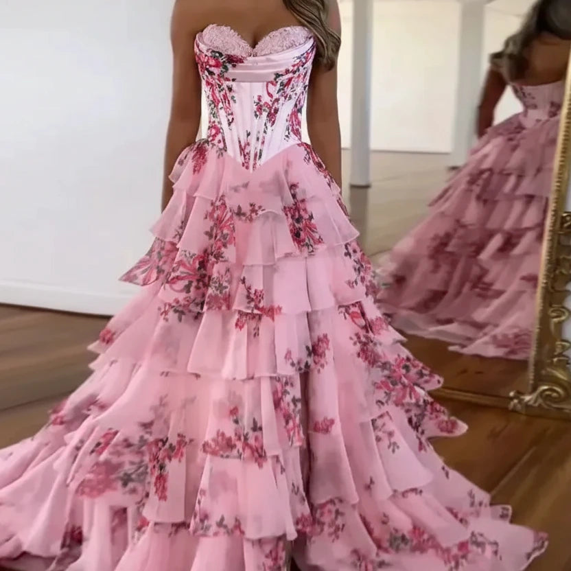 Elegant A-Line Floral Prom Dress | Floor-Length Pleated Evening Gown