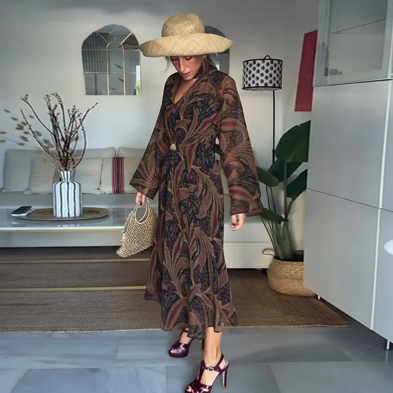 Damen lässiges Maxikleid mit Blumenprint und Schluppenkragen – Elegantes Langarmkleid