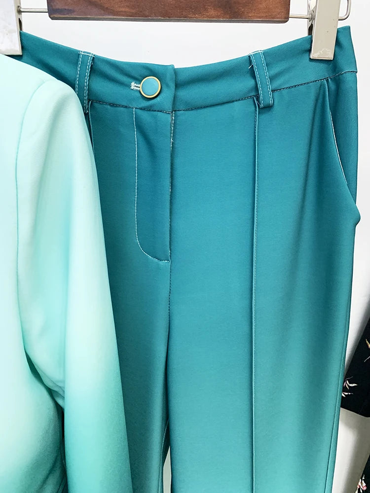 Damen Blazer mit einem Knopfleiste, Ombré-Print & schmal geschnittener Schlaghose