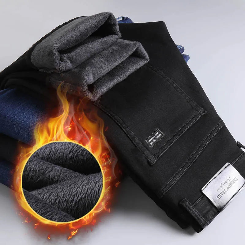 Herren Warme Winterjeans – Schmale, gerade geschnittene Jeans mit Fleecefutter