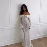 Weißes Abendkleid für formelle Anlässe – Elegantes Spitzen-Partykleid mit langen Ärmeln