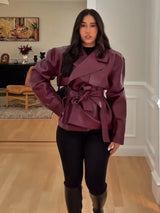 Women’s Vintage Leather Street Jacket with Belt – Oversized Loose Fit Lapel Moto Jacket