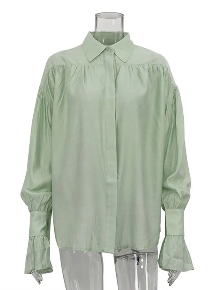 Casual Loose See-Through Shirt – Women’s Autumn Lapel Long Sleeve Blouse