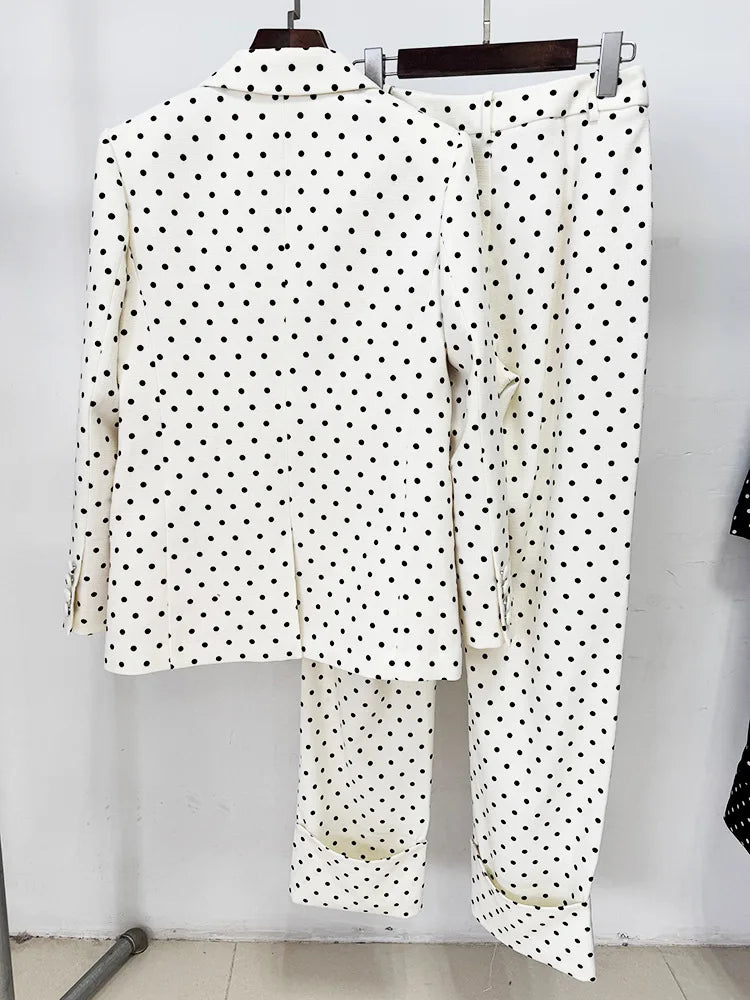 Schwarz-weißer gepunkteter Anzug für Damen | Blazer mit Schleife & maßgeschneiderte Hose Set