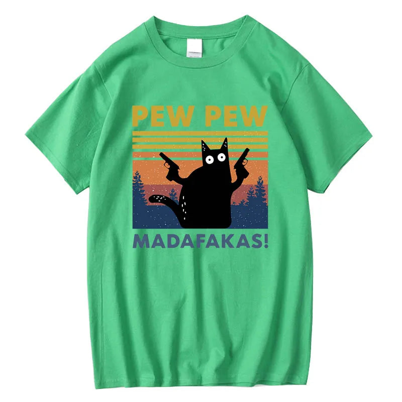 Baumwolle Kurzarm Pew Pew Madafakas Lustige Katze T-Shirt – Neuheit Grafik-T-Shirt für Herren