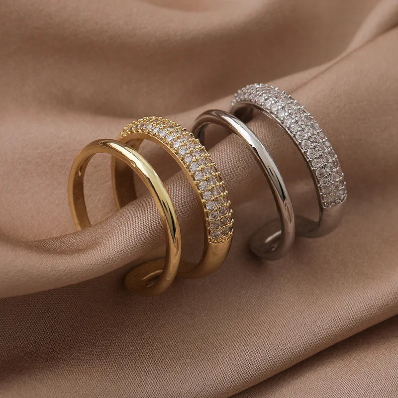 Luxus-Doppelschicht-Breitring für Damen – glänzender Kristall-Inlay-Fingerschmuck