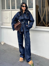 Women’s 2-Piece Denim Long Pants Suit – Y2K Lace Up Lapel Jacket & Straight Leg Jeans Set